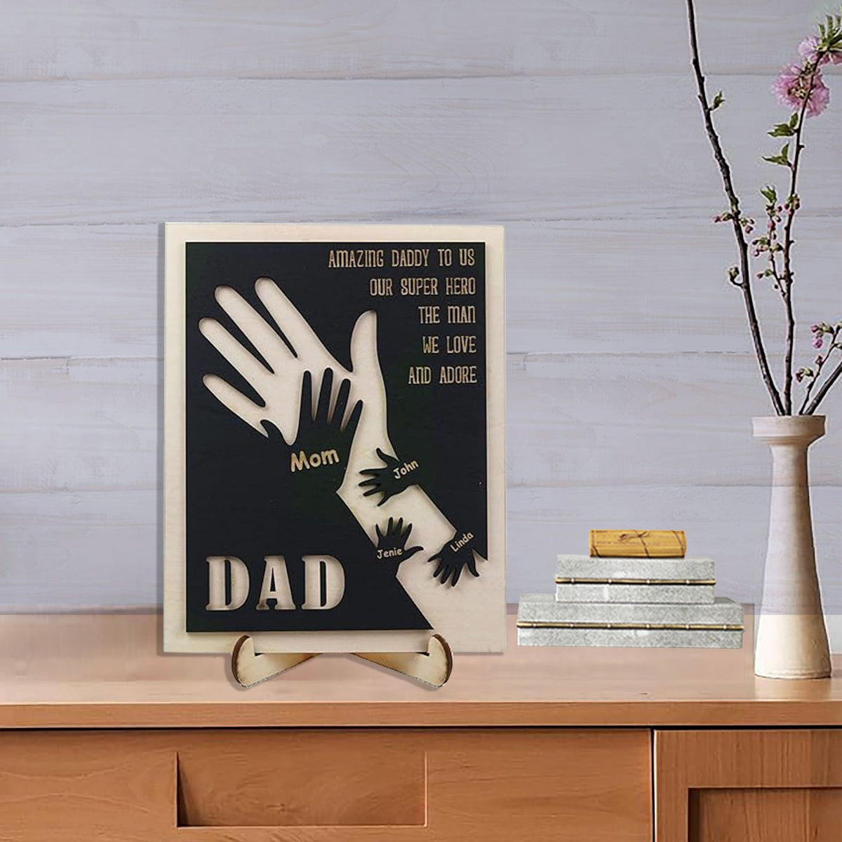 Our Hands United Forever - Personalized Custom Double-Layered Wooden Plaque with Stand - Father's Day Gift for Dad and Grandpa